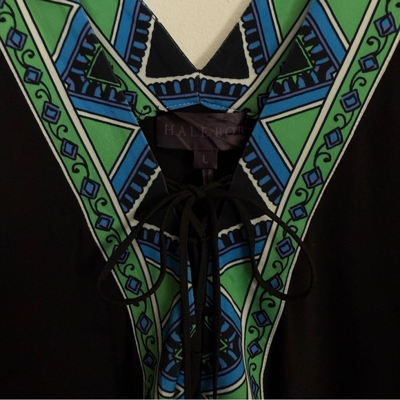 Hale Bob Tunic Womens Large Black Green Blue Pattern Boho Caftan Cover Up Dress - Picture 3 of 12